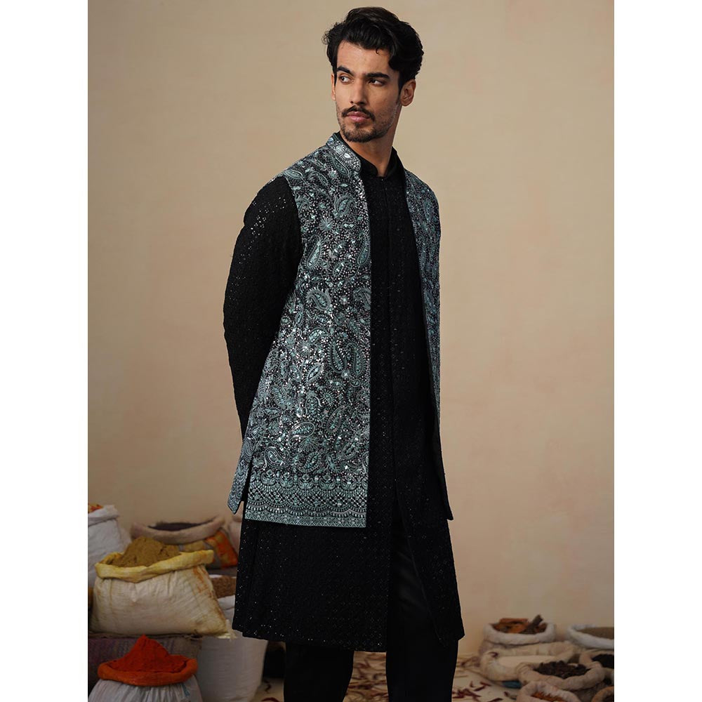 KALPRAAG Turquoise Sitara Ferozi Kurta with Nehru Jacket and Pant