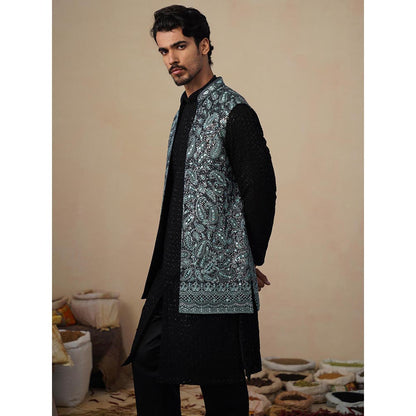 KALPRAAG Turquoise Sitara Ferozi Kurta with Nehru Jacket and Pant