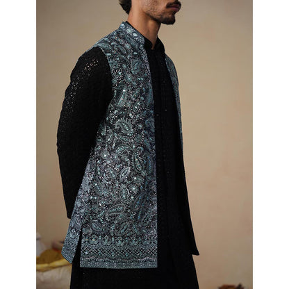 KALPRAAG Turquoise Sitara Ferozi Kurta with Nehru Jacket and Pant