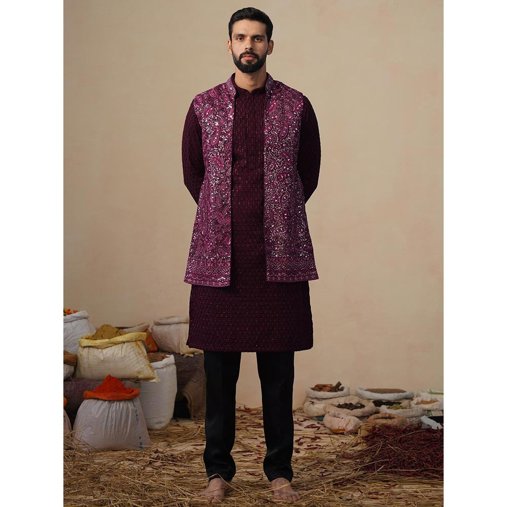 KALPRAAG Sitara Wine Kurta with Nehru Jacket and Pant