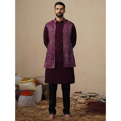 KALPRAAG Sitara Wine Kurta with Nehru Jacket and Pant