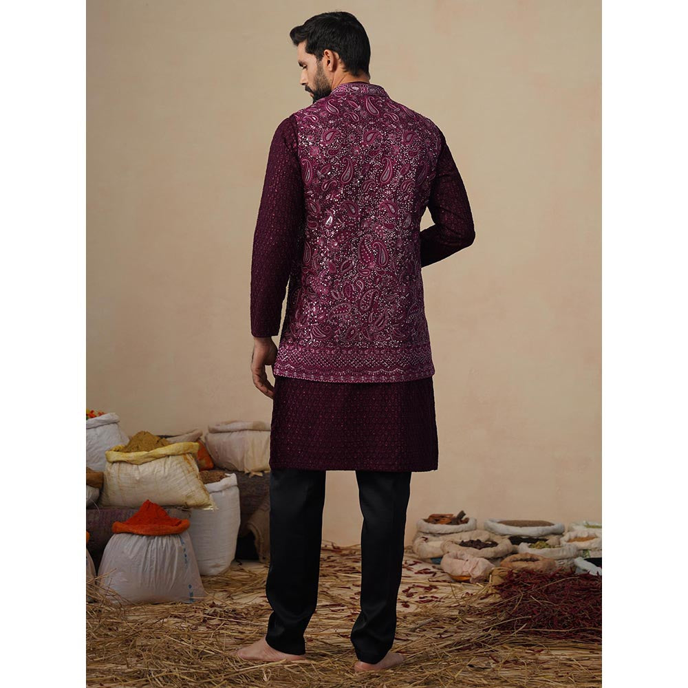 KALPRAAG Sitara Wine Kurta with Nehru Jacket and Pant