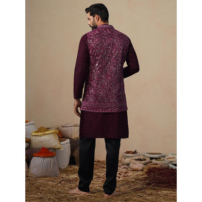KALPRAAG Sitara Wine Kurta with Nehru Jacket and Pant