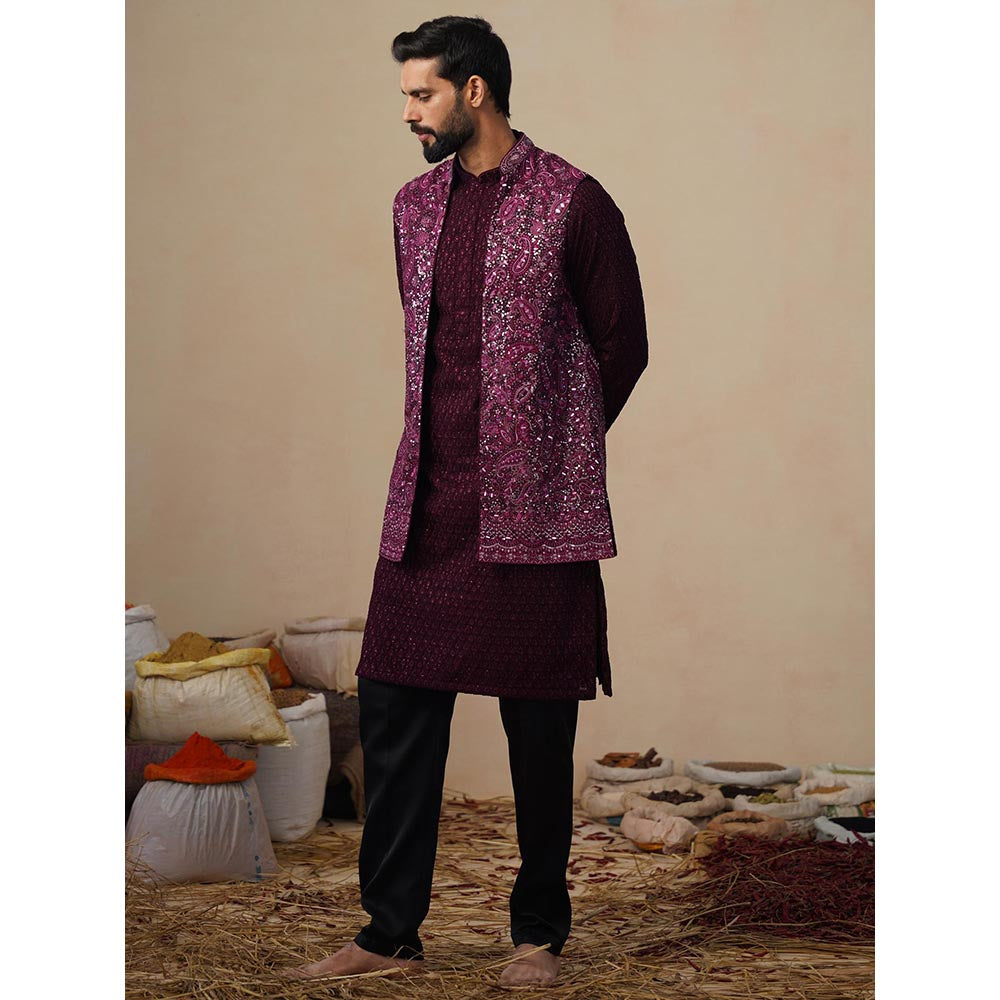 KALPRAAG Sitara Wine Kurta with Nehru Jacket and Pant