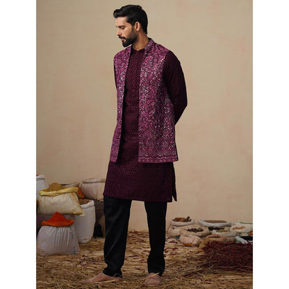 KALPRAAG Sitara Wine Kurta with Nehru Jacket and Pant