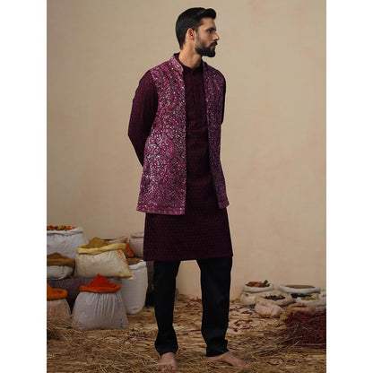 KALPRAAG Sitara Wine Kurta with Nehru Jacket and Pant