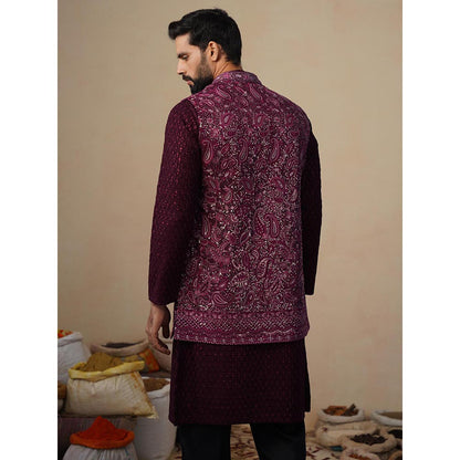 KALPRAAG Sitara Wine Kurta with Nehru Jacket and Pant
