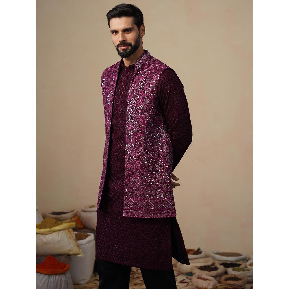 KALPRAAG Sitara Wine Kurta with Nehru Jacket and Pant