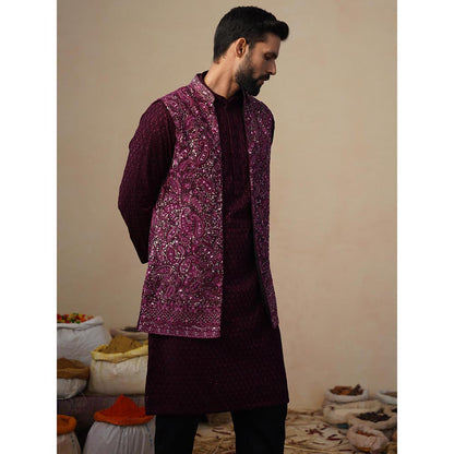 KALPRAAG Sitara Wine Kurta with Nehru Jacket and Pant