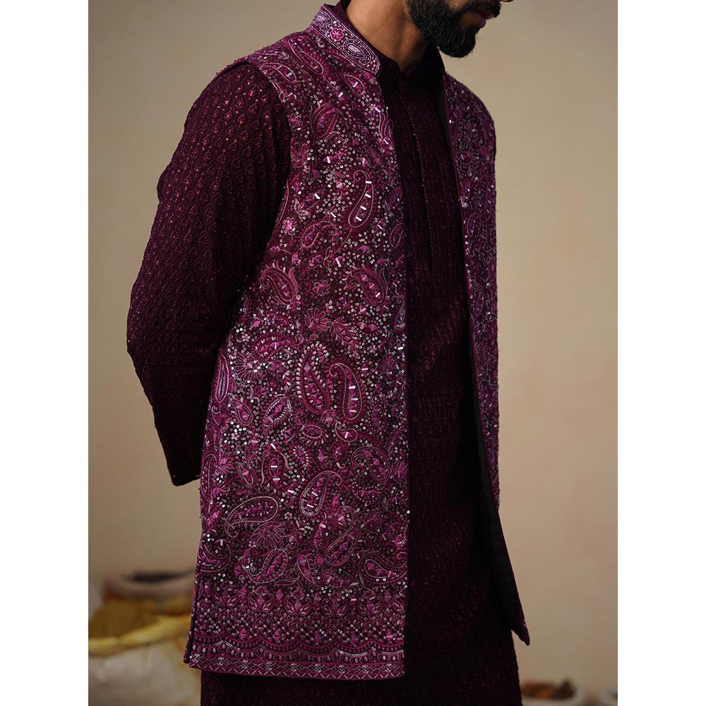 KALPRAAG Sitara Wine Kurta with Nehru Jacket and Pant