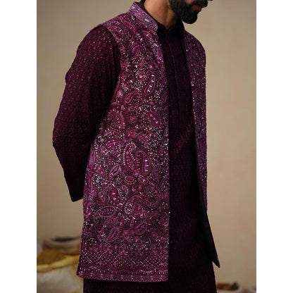 KALPRAAG Sitara Wine Kurta with Nehru Jacket and Pant