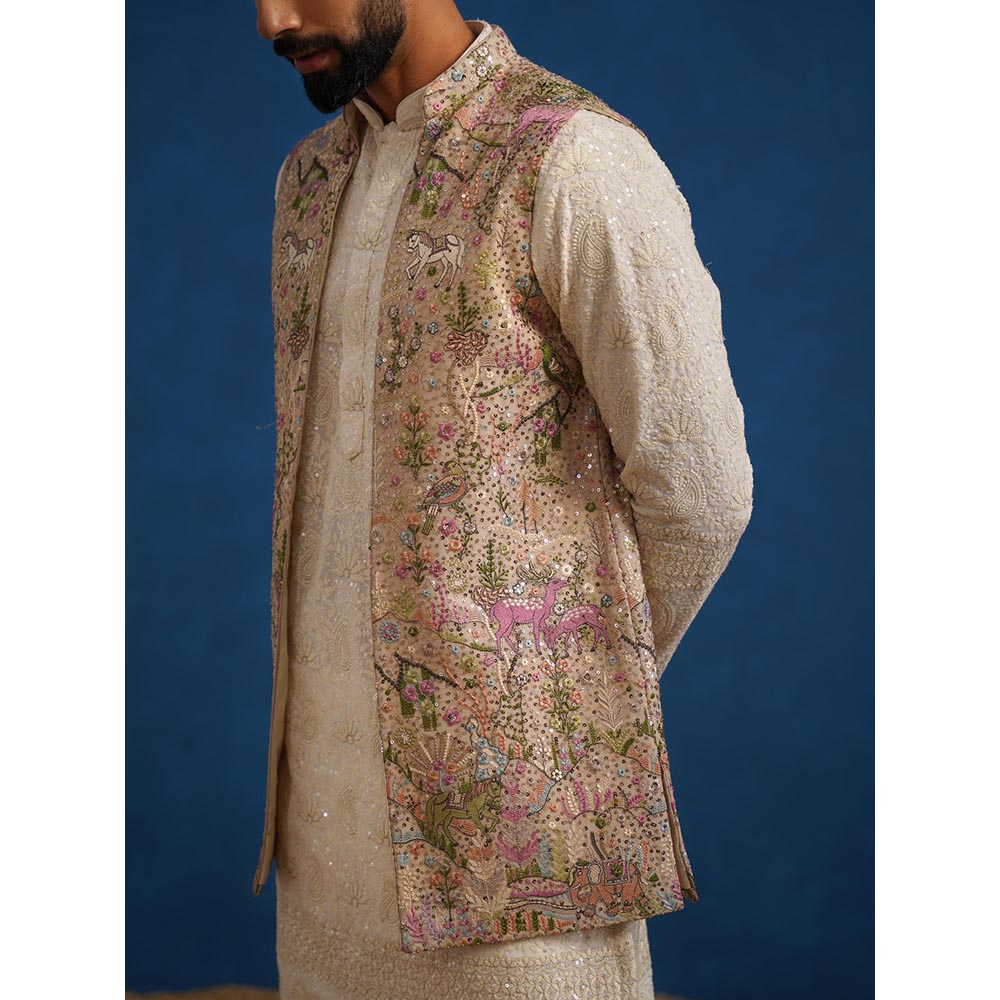 KALPRAAG Brown Heeran Chiku Kurta with Nehru Jacket and Pant