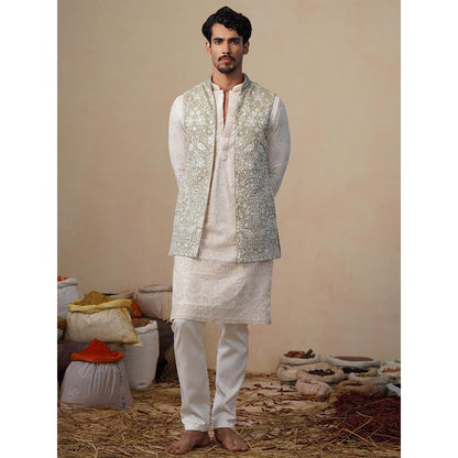 KALPRAAG Mayuresh Olive Kurta with Nehru Jacket and Pant