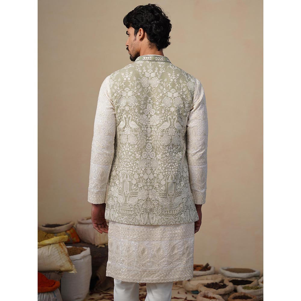 KALPRAAG Mayuresh Olive Kurta with Nehru Jacket and Pant
