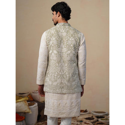 KALPRAAG Mayuresh Olive Kurta with Nehru Jacket and Pant