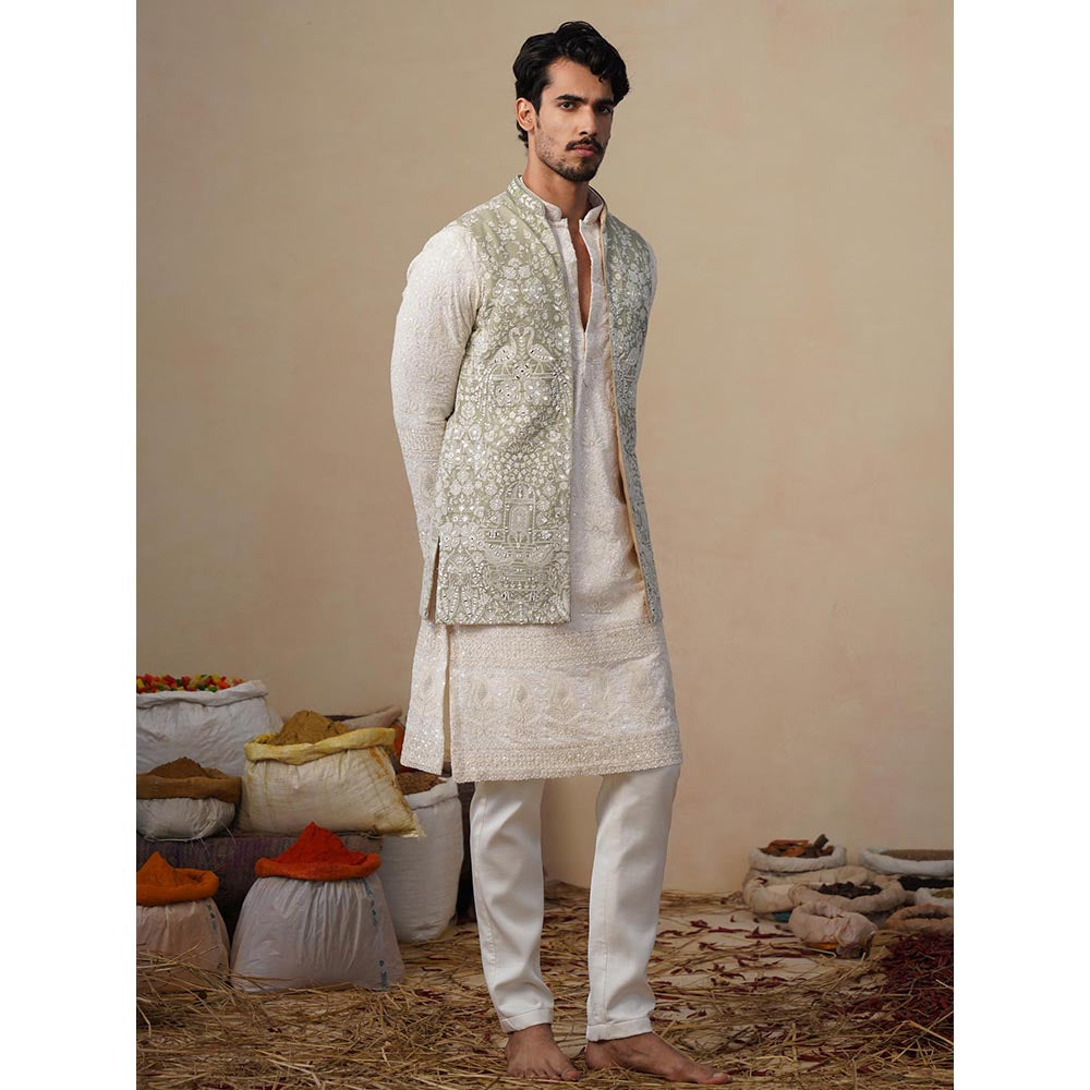 KALPRAAG Mayuresh Olive Kurta with Nehru Jacket and Pant