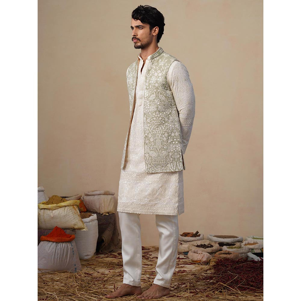 KALPRAAG Mayuresh Olive Kurta with Nehru Jacket and Pant