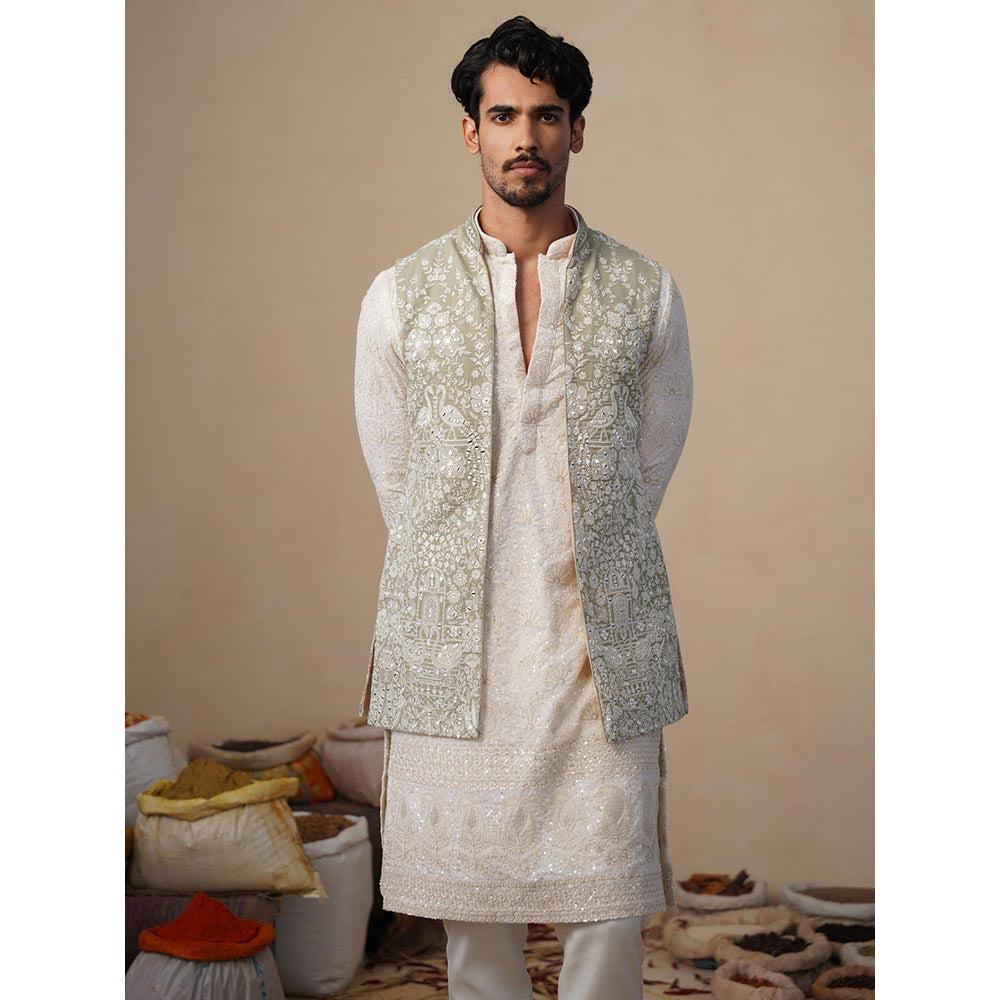 KALPRAAG Mayuresh Olive Kurta with Nehru Jacket and Pant