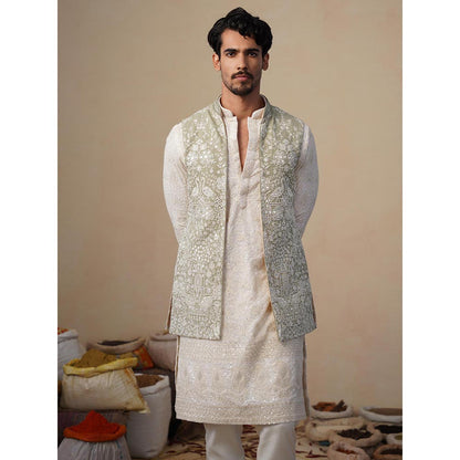 KALPRAAG Mayuresh Olive Kurta with Nehru Jacket and Pant