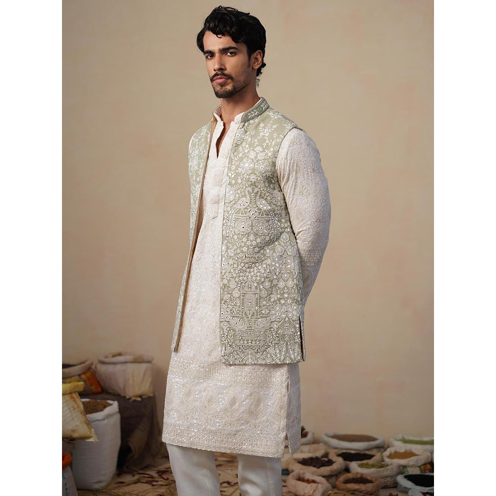 KALPRAAG Mayuresh Olive Kurta with Nehru Jacket and Pant