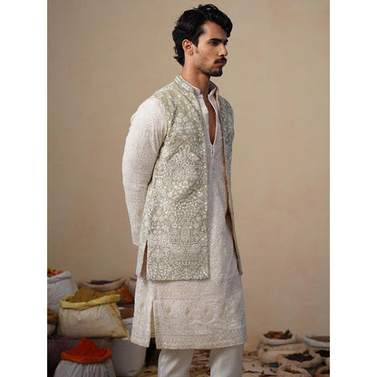 KALPRAAG Mayuresh Olive Kurta with Nehru Jacket and Pant
