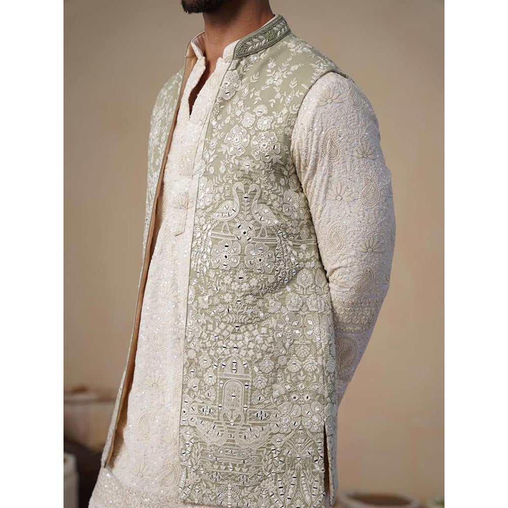KALPRAAG Mayuresh Olive Kurta with Nehru Jacket and Pant