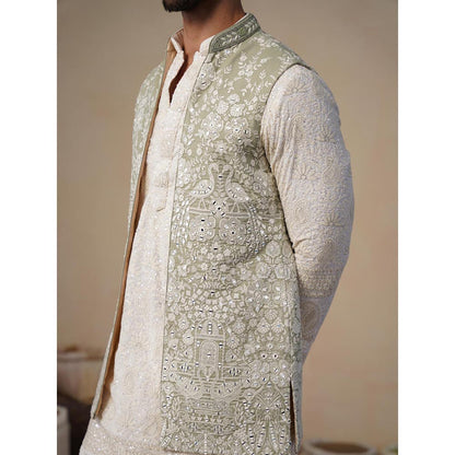 KALPRAAG Mayuresh Olive Kurta with Nehru Jacket and Pant