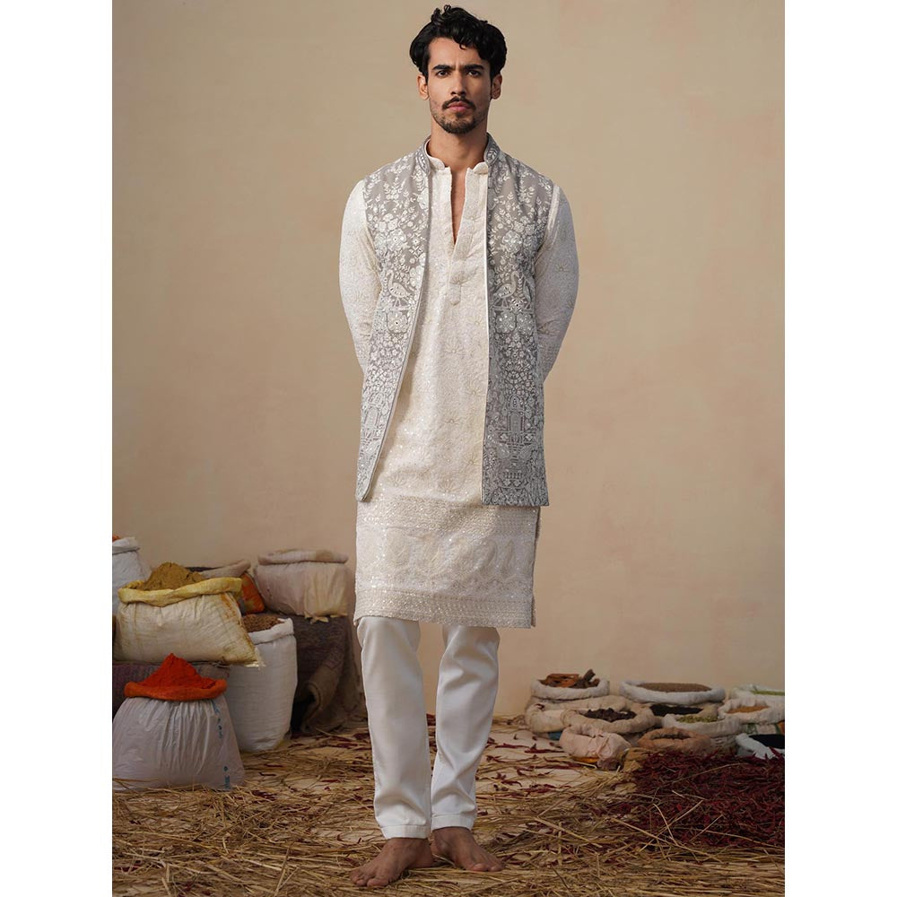 KALPRAAG Mayuresh Grey Kurta with Nehru Jacket and Pant
