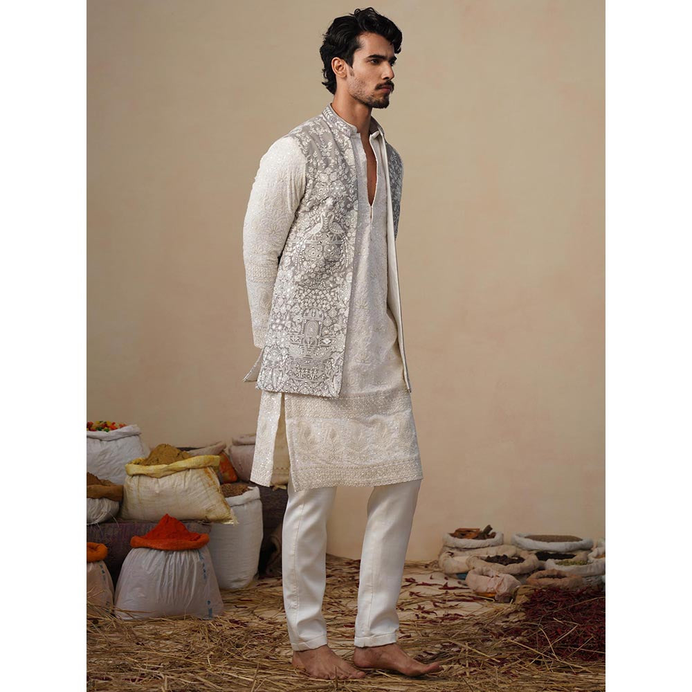 KALPRAAG Mayuresh Grey Kurta with Nehru Jacket and Pant