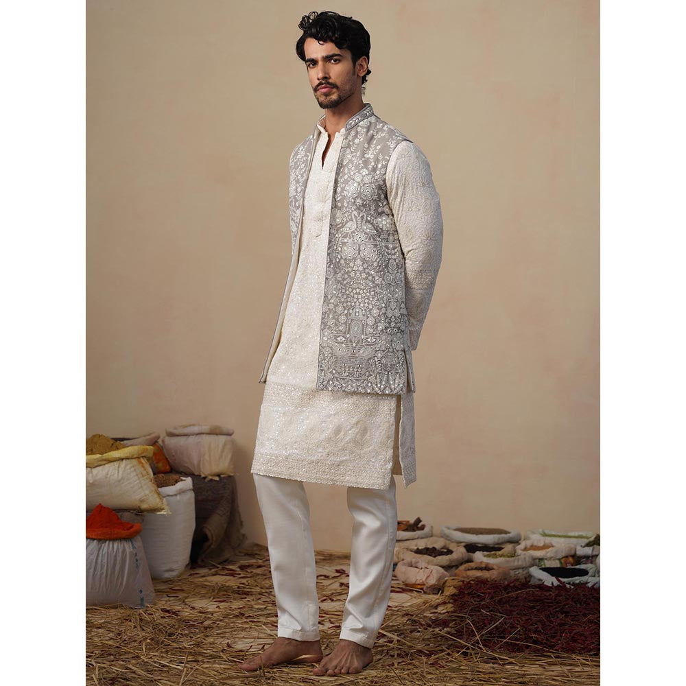 KALPRAAG Mayuresh Grey Kurta with Nehru Jacket and Pant