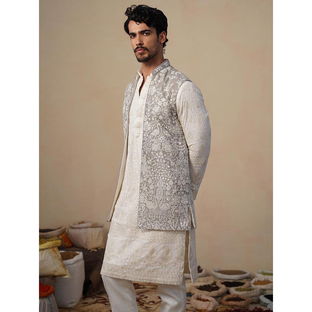 KALPRAAG Mayuresh Grey Kurta with Nehru Jacket and Pant