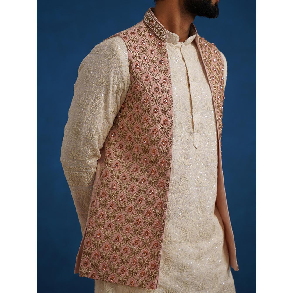 KALPRAAG Shahnoor Stone Work Pink Kurta with Nehru Jacket and Pant