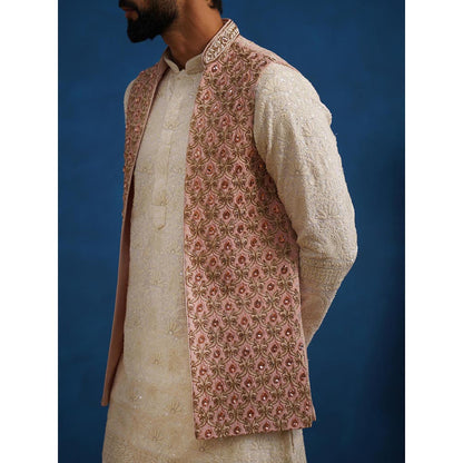 KALPRAAG Shahnoor Stone Work Pink Kurta with Nehru Jacket and Pant