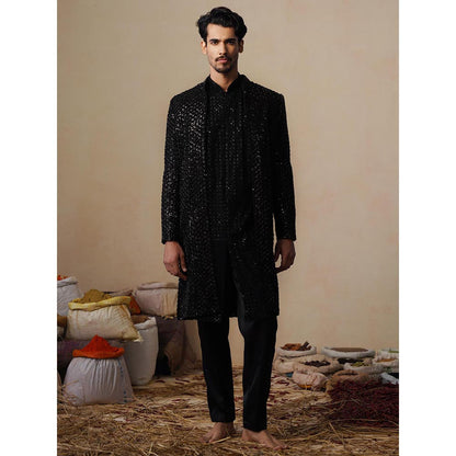 KALPRAAG Ved Cut Dana Black Indowestern Kurta with Sherwani and Pant