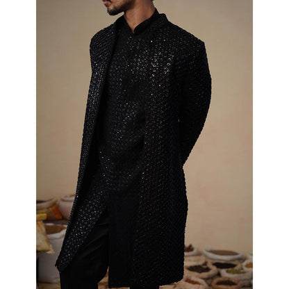 KALPRAAG Ved Cut Dana Black Indowestern Kurta with Sherwani and Pant