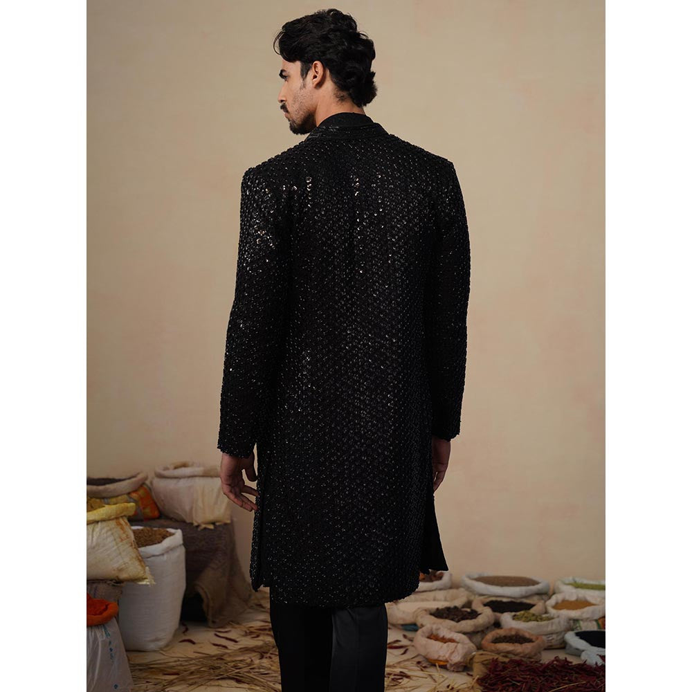 KALPRAAG Ved Cut Dana Black Indowestern Kurta with Sherwani and Pant