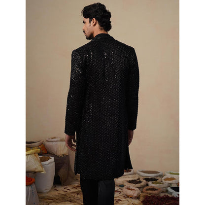 KALPRAAG Ved Cut Dana Black Indowestern Kurta with Sherwani and Pant