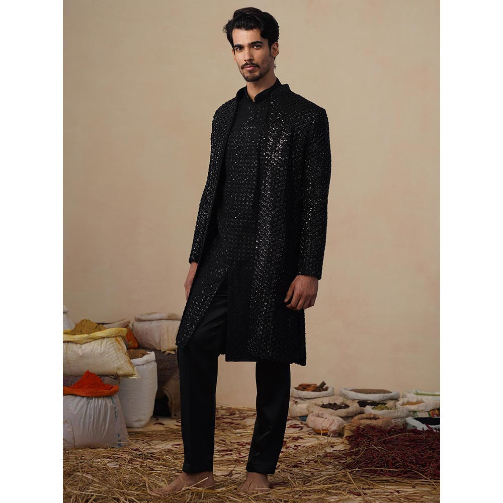 KALPRAAG Ved Cut Dana Black Indowestern Kurta with Sherwani and Pant