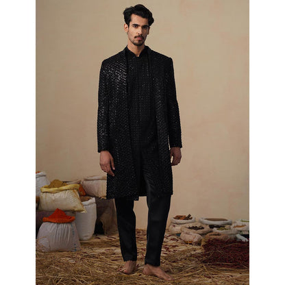 KALPRAAG Ved Cut Dana Black Indowestern Kurta with Sherwani and Pant