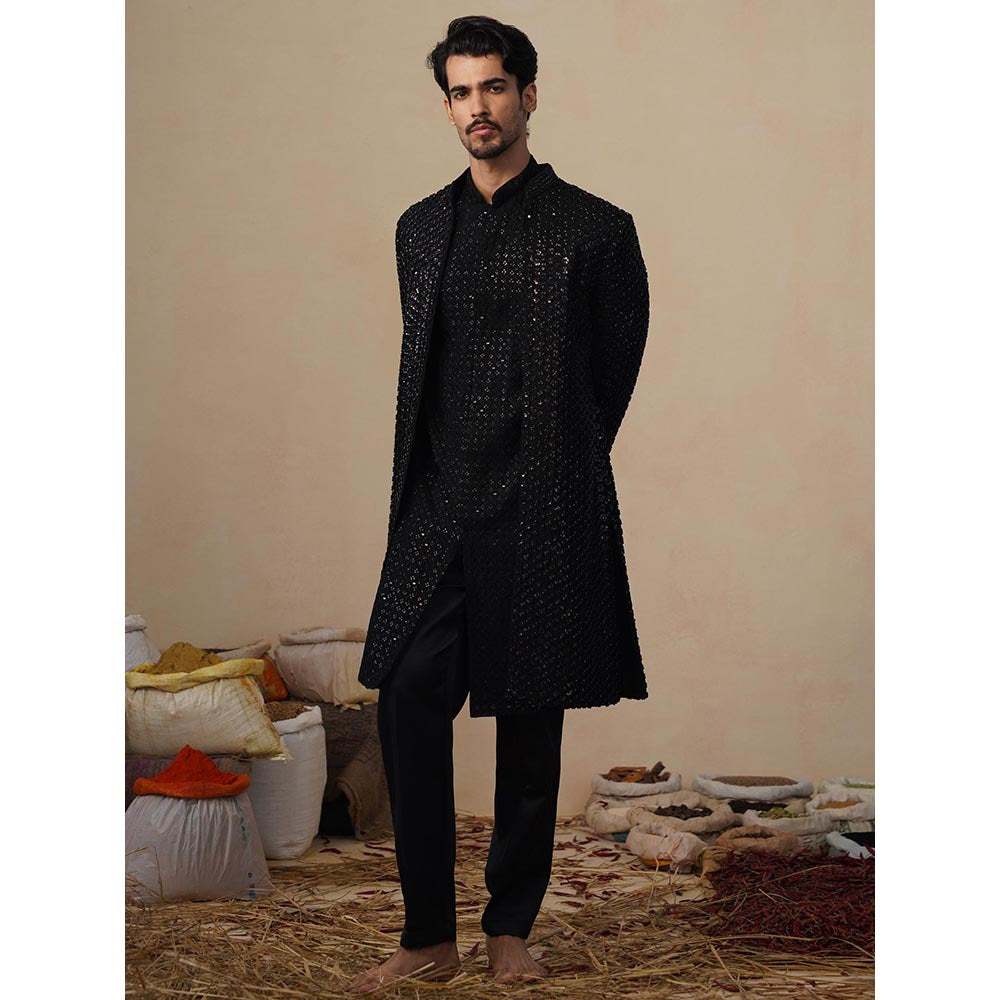 KALPRAAG Ved Cut Dana Black Indowestern Kurta with Sherwani and Pant