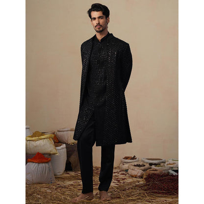 KALPRAAG Ved Cut Dana Black Indowestern Kurta with Sherwani and Pant
