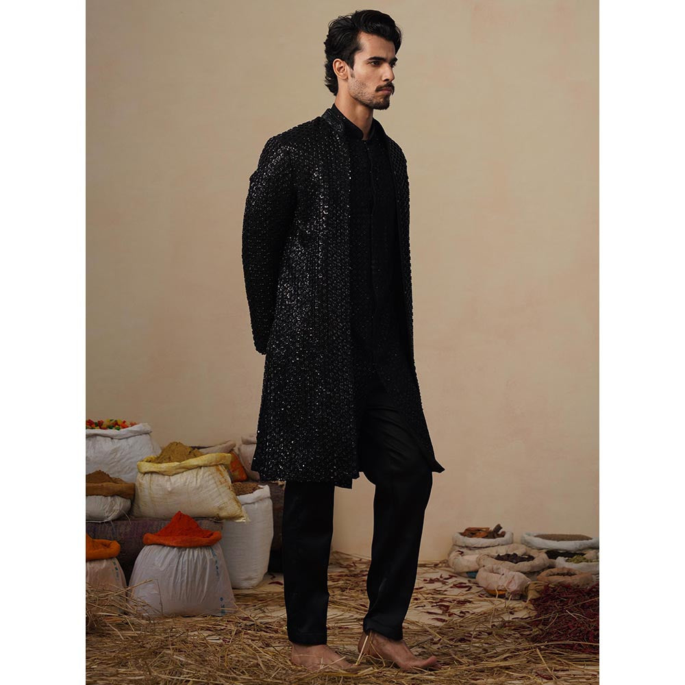 KALPRAAG Ved Cut Dana Black Indowestern Kurta with Sherwani and Pant