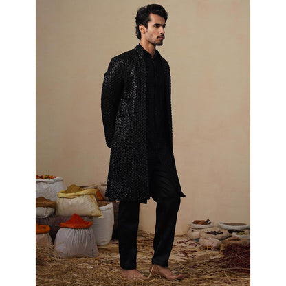 KALPRAAG Ved Cut Dana Black Indowestern Kurta with Sherwani and Pant