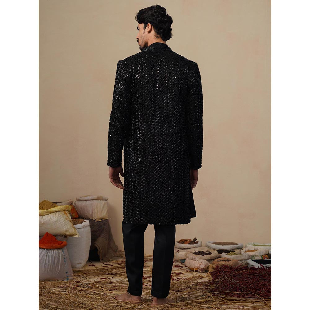 KALPRAAG Ved Cut Dana Black Indowestern Kurta with Sherwani and Pant