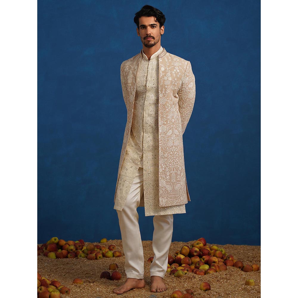 KALPRAAG Mayuresh Beige Sherwani with Kurta and Pant