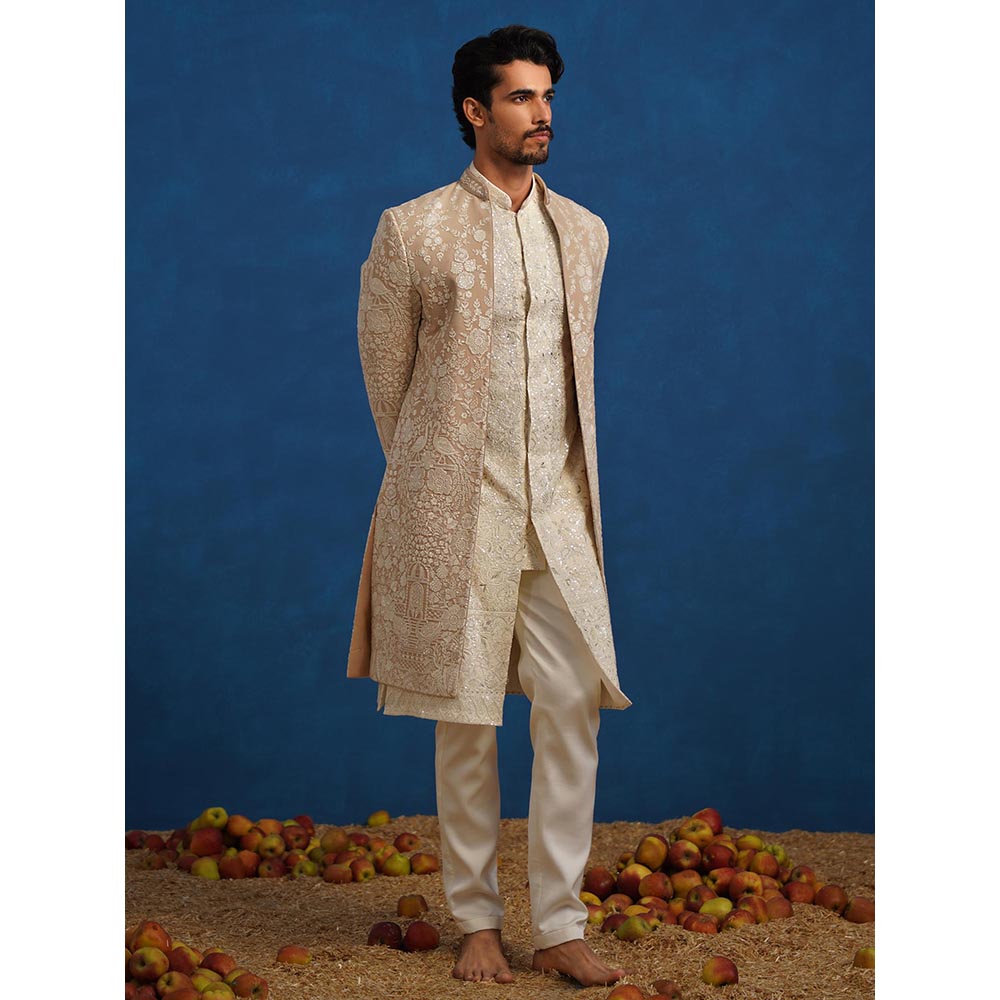 KALPRAAG Mayuresh Beige Sherwani with Kurta and Pant