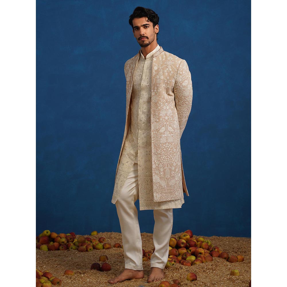 KALPRAAG Mayuresh Beige Sherwani with Kurta and Pant