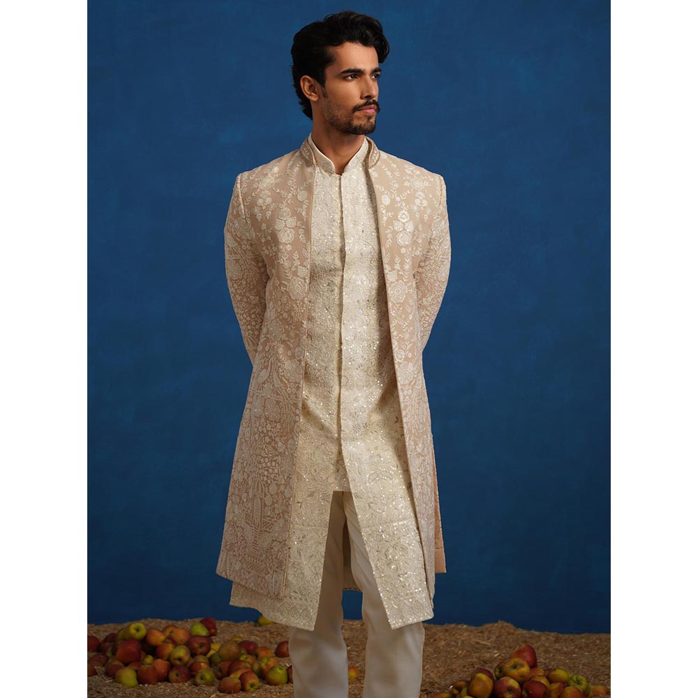 KALPRAAG Mayuresh Beige Sherwani with Kurta and Pant