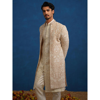 KALPRAAG Mayuresh Beige Sherwani with Kurta and Pant