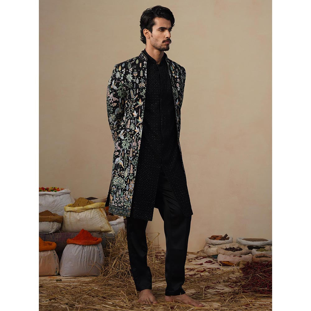 KALPRAAG Parind Black Indowestern Sherwani with Kurta and Pant